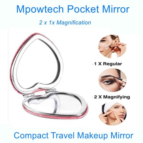 mpowtech Cute Heart Shaped Compact Mirror for Women,Magnifying Travel Mirror with Glitter,Pink Small Pocket Mirror,Portable 2 x 1x Magnification Folding Makeup Mirror,Cosmetic Mirror for Gift