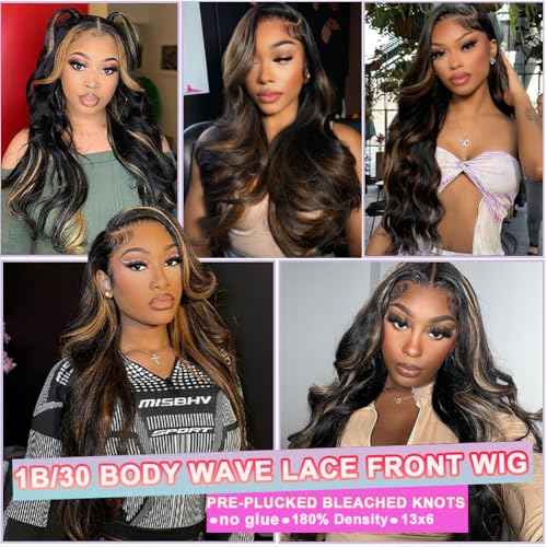 Ombre Highlight Lace Front Wigs Human Hair 13x6 Body Wave 1B/30 Lace Front Wig 180% Density HD Transparent Lace Frontal Wigs Human Hair Balayage Wig for Black Women 22 inch