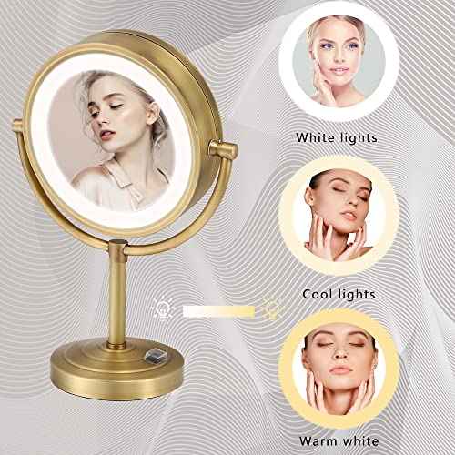 8.5 inch LED Makeup Mirror with 10X Magnification,has Three Colors Lights,Extendable Bathroom Mirror,Tabletop Two-Sided, Antique Brass Finish (Antique Brass, 10x Magnification)