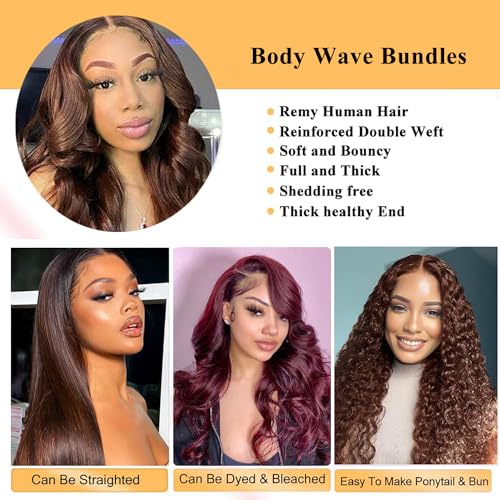 Body Wave Bundles Human Hair - 12A Brazilian Virgin Human Hair Bundle Double Weft Weave 100G Unprocessed Weave Medium Brown Body Wave (4#, 12 14 16)