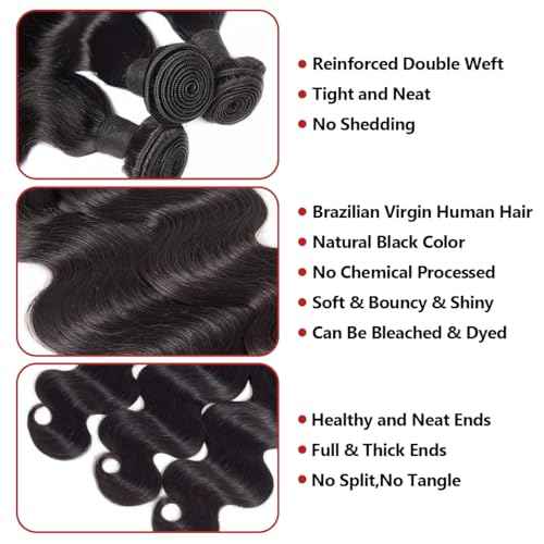 Body Wave Bundles Human Hair Bundles Body Wave Human Hair Bundles 3 Bundles 10A Brazilian Hair Bundles Weave Bundles Human Hair Extensions Body Wave Bundle for Women Natural Black