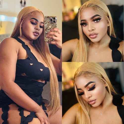 SOKU 13x6 Strawberry Honey Blonde Lace Front Wigs,32 Inch Long Straight Synthetic Hair with Pre Plucked Hairline,Free Part Silky Straight Glueless Lace Frontal Wig for Women Beginner Friendly