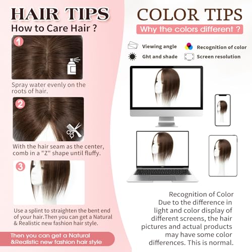isheeny Human Hair Topper for Women 10Inch Real Human Hair Toppers For Changing Your Look, Dark Brown #2 Natural Hair Pieces for Women With Artificial Base & 2 Secure Clips