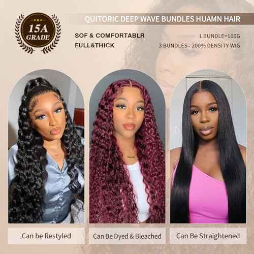 15A Raw Indian Deep Wave Bundles Human Hair 12 14 16 Inch 100% Human Deep Wave Curly Hair Bundles Wet and Wavy Double Drown Weft Hair Extensions Natural Black Color Remy Virgin Hair