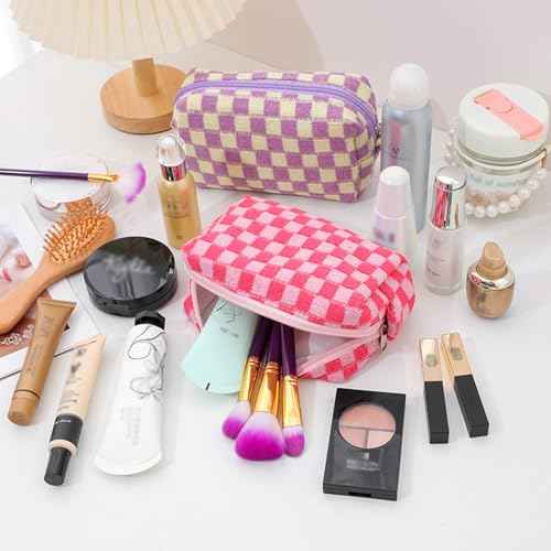 12 PCS Checkered Makeup Bag Cosmetic Bag for Women Checkered Pouch Plaid Makeup Bag for Women Large Capacity Pencil Case Makeup Brushes Storage Bag Travel Toiletry Bag Organizer