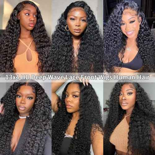 HD Transparent Deep Wave Lace Front Wigs Human Hair 200% Density 13x4 Deep Wave Lace Frontal Wigs for Women 26 Inch Deep Curly Lace Front Wig Glueless Deep Wave Wigs