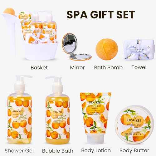 Luxury Spa Gifts for Women ? 8 Pc Citrus Scented Bath and Body Set with Bubble Bath, Lotion & More ? Luxury Self Care Kit for Wife, Mom, Girlfriend, Birthday Gifts for Women by Draizee