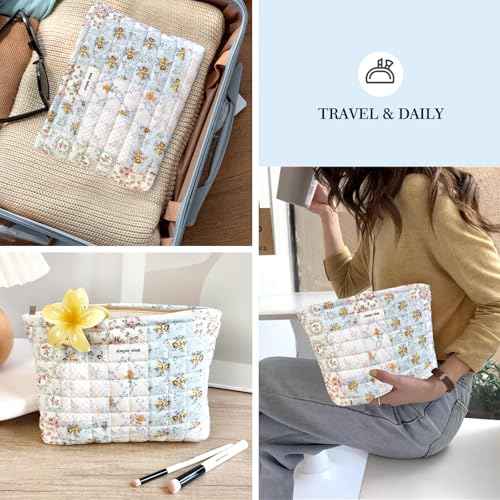 STARDW Cute Cotton Quilted Makeup Bag Cosmetic Bags for Women and Girls,Travel Toiletry Bag Floral Makeup Zipper Pouch, Purse Organizer Pouches,Canvas Lining (Cotton Floral)