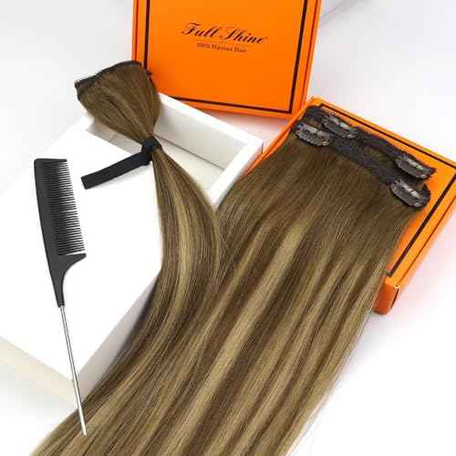 Full Shine Clip in Hair Extensions Human Hair 16Inch Lace Clip in Human Hair Ombre Brown Fading to Blonde Highlight Double Weft Straight Hair Extensions for Women 60Grams 3Pcs