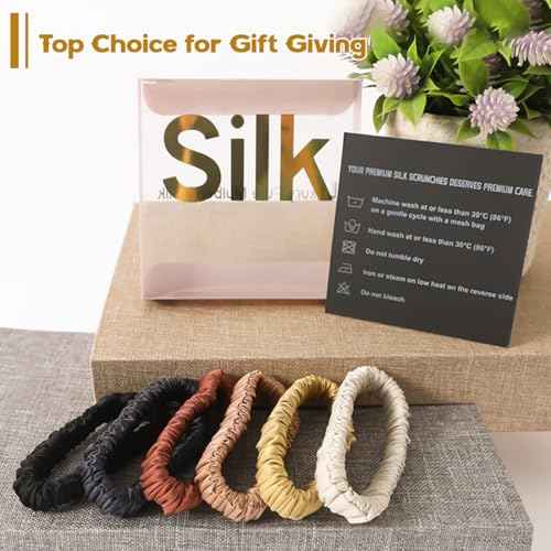 6PCS Silk Hair Ties, 100% Mulberry Silk Scrunchies for Hair, Elastic Ponytail Holders No Damage, Scrunchies for Women Girls