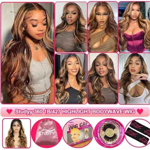 Highlight Ombre 360 Lace Front Wig Human Hair 20 Inch Body Wave 180 Density 427 Honey Blonde Pre Plucked HD Full Lace Human Hair Wig for Women