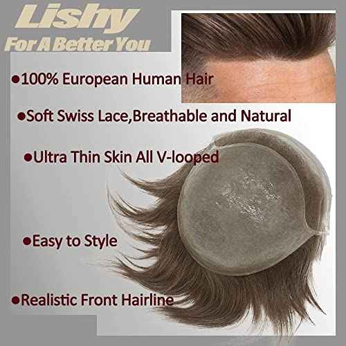Mens Toupee European Human hair Replacement for Men Hairpiece Swiss Lace Front 0.08mm Thin Skin PU All V-looped Man Wigs 10x8inch #18 Dark Blonde Color