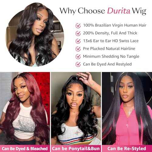 16 Inch Body Wave Lace Front Wigs Human Hair Pre Plucked 13x6 HD Transparent Lace Frontal Glueless Wigs 200 Density Body Wave Lace Frontal Human Hair Wigs for Women Natural Black Color