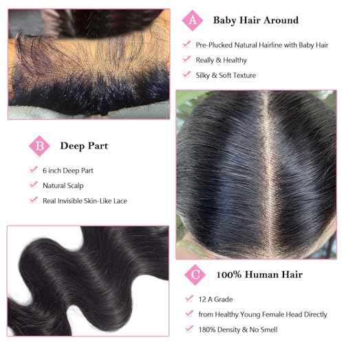 20 Inch 2x6 HD Lace Closure Only Body Wave 12A Brazilian Skin-Like Closure Human Hair 100% Virgin Remy Hair Frontal HD Lace Pre Plucked With Baby Hair Natural Black