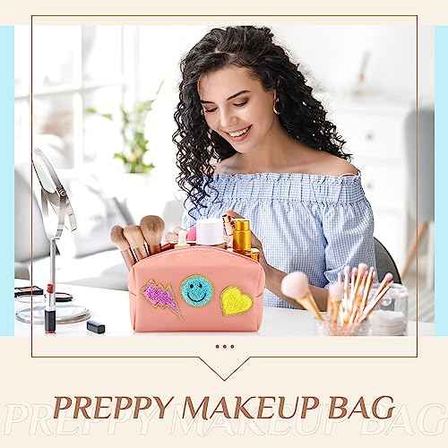 Sanwuta 20 Pcs Preppy Patch Makeup Bag Bulk PU Leather Cosmetic Bags Chenille Letters Organizer Smile Lightning Heart Toiletry Pouch Waterproof Zipper Purse End of the Year Teacher Gifts for Women