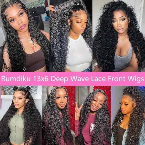 Deep Wave Lace Front Wigs Human Hair 13x6 HD Transparent Human Hair Lace Front Wigs Pre Plucked Deep Curly Human Hair Glueless Wigs for Women 200% Density Deep Wave Frontal Wigs with Baby Hair 26 Inch