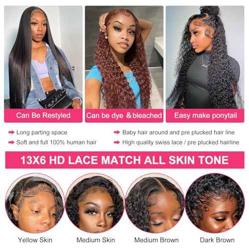 Deep Wave Lace Front Wigs Human Hair 13x6 HD Transparent Deep Curly Lace Frontal Wigs Human Hair 180% Density Glueless Wigs Natural Color 22 Inch