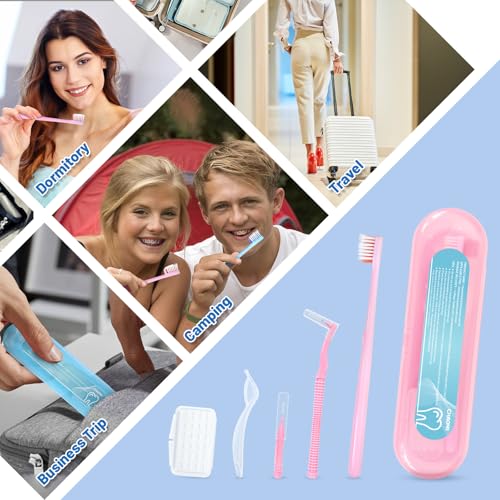 Orthodontic Care Travel Kit | V-Shape Toothbrush with Soft Bristles, Interdental Brushes, Orthodontic Wax, and Breathable Case | Portable Dental Kit for Braces and Aligners(PINK)