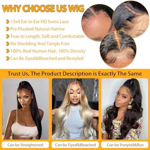 28 Inch Body Wave Lace Front Wigs Human Hair 13x4 HD Transparent Lace Frontal Wigs Human Hair for Women Brazilian Virgin 180 Density Glueless Wigs Human Hair Pre Plucked with Baby Hair Natural Black