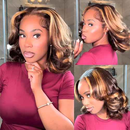 RECOOL Highlight Bob Wig Human Hair Glueless Wigs Plucked Pre Cut 180% Loose Body 6x5 Lace Front Short Bob Wig Human Hair for Black Women-Highlight 1B/2/30 Mixed Color Wigs,14inch