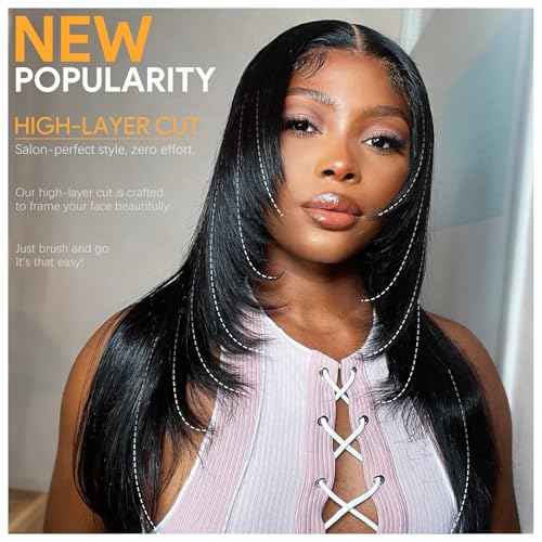 Ruiyu Layered Curtain Bangs Wig Human Hair Face Framing 6x4 HD Lace Clourse Front Wigs Straight Pre Cut Straight Wear and Go Glueless for Black Women 100% Brazilian Human Hair Wig with Bangs 16 Inch