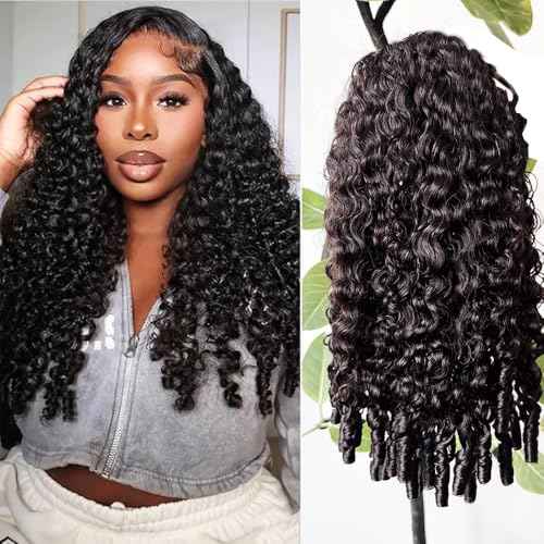 Half Human Hair Wig for Women - 18 Inch Burmese Spirally Curly Glueless Clip-In Wig, 200% Density, No Glue No Sew, Natural Black Color, No Leave Out V Shape Wigs,Heat Resistant & Easy Install