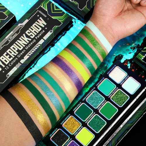 Green Eyeshadow Makeup Palette, 12 Color Green Glitter Holographic Eyeshadow with Matte Shimmer for Brown Eyes, Pigmented Silky Long Last Neon Yellow Blue Eye Shadow for Christmas, Party, Wicked,Vegan