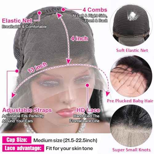 180 Density 13x4 HD Lace Front Wigs Human Hair Pre Plucked with Baby Hair Transparent Glueless Brazilian Deep Wave Frontal Wigs for Women Natural Black Color22 inch