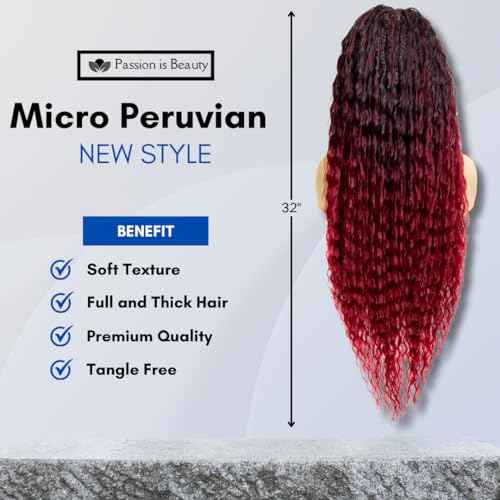 PIB Single Full Lace Braid Wig - Micro Boho Peruvian Deep Wave Box Braided, Knotless for Black Women, Curly Hair (#1B118 Off Black and Burgundy, 32" Small-Medium)