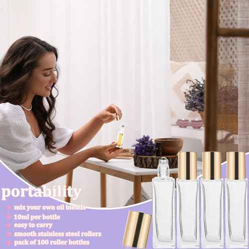 100 Pcs 10 ml Roller Bottles for Essential Oils, Square Thick Empty Glass Roller Bottles with Stainless Steel Roller Balls Protection Leakproof with 5 Funnel for Travel