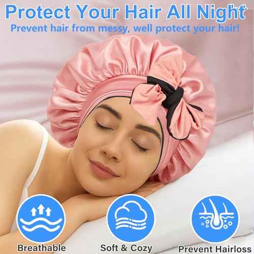 Atgdluk¢ç Reversible Silk Bonnet for Sleeping Women - Double Layer & Color Satin Bonnet, Adjustable Hair Cap for Curly & Textured Hair (Pink & Black)