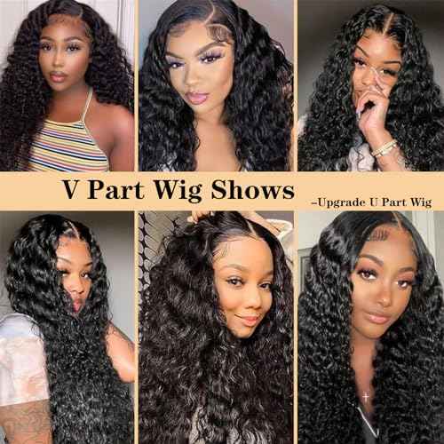 V Part Wig Human Hair Deep Wave No Leave Out Upgrade U Part Wigs for Black Women 180% Density Glueless Curly V Part Human Hair Wigs No Glue No Sew Clip In Half Wig Beginner Friendly (22 Inch)