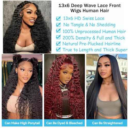 Deep Wave Lace Front Wigs Human Hair Wig 13x6 HD Lace Front Wigs Human Hair for Women Deep Curly Wigs Pre Plucked Glueless Wig Natural black Color 28inch