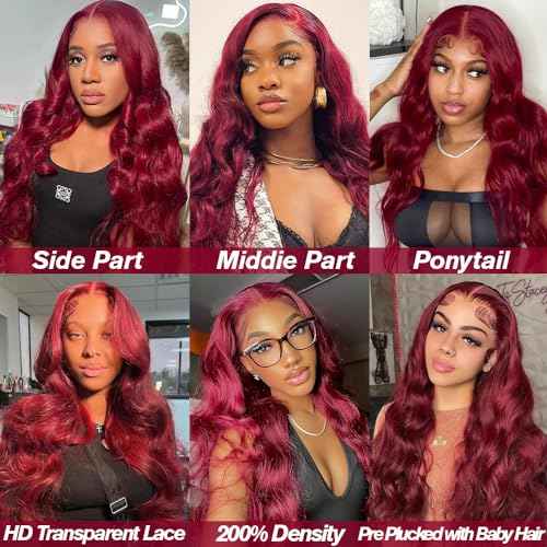 99J Burgundy Lace Front Wigs Human Hair 24 Inch 13x4 HD Wine Red Colored Body Wave Wig for Women 200% Density Transparent Glueless Wine Red Wigs Human Hair Pre Plucked with Baby Hair