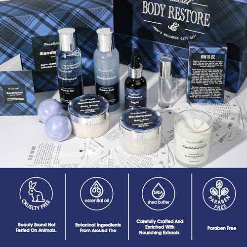 PEARLWORLD Bath Set with Ocean Scented Spa Gifts for Men, Christmas Birthday Self Skin Care Set for Men, Spa Gift Baskets for Him, 12Pcs Men's Spa Kit Gifts for Bath Spa