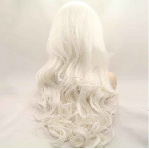 xiweiya 60# Platinum Blonde Wavy Lace Front Wig Long White Blonde Wavy Curly Synthetic Lace Front Wig White Queen Wig 13x3 Lace Wig Heat Resistant Hair 180% Density Wigs for Woman Drag Queen 24inch