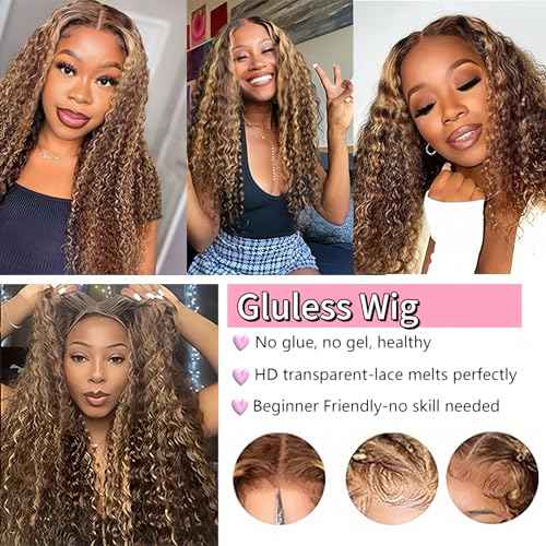 Wear and Go Glueless Highlight Ombre 4/27 Human Hair Wigs Deep Wave Curly Wet and Wavy Lace Front Pre Plucked Pre Cut 5x5 HD Lace Closure Wigs for Black Women £¨4/27 24 Inch£©