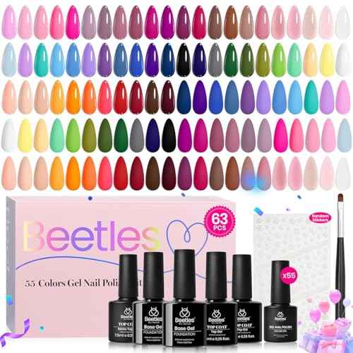 Beetles Fall Gel Nail Polish Set Vibrarnt Holiday 55 Colors Gel Polish Kit with 5 Bottles of Base Glossy Matte Top Coat UV LED Soak off Nail Polish Orange Brown Pink Green Blue Red Gifts for Women