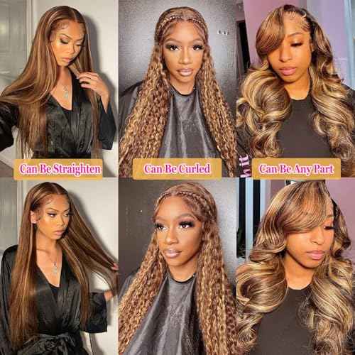 Ombre Lace Front Wig Human Hair Highlight Wig Human Hair 13x4 HD Transparent Body Wave Lace Front Wigs Human Hair 200% Density Honey Blonde Wigs for Women (26 inch)