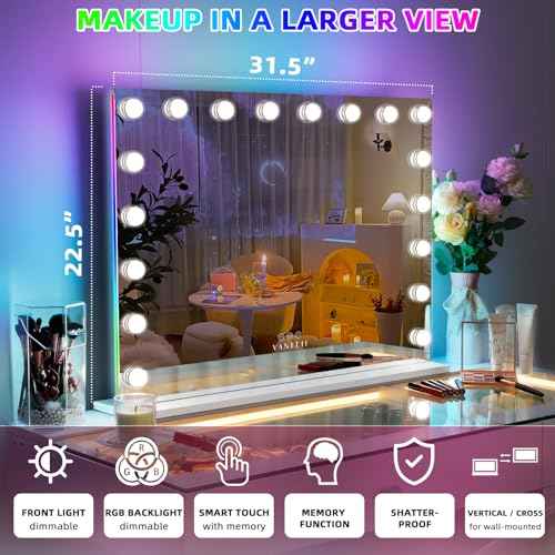 VANITII Vanity Mirror with RGB Lights 32"x23" Hollywood Makeup Mirror with 18 Dimmable Bulbs Lighted Vanity Mirror with Smart Touch for Bedroom Dressing Room