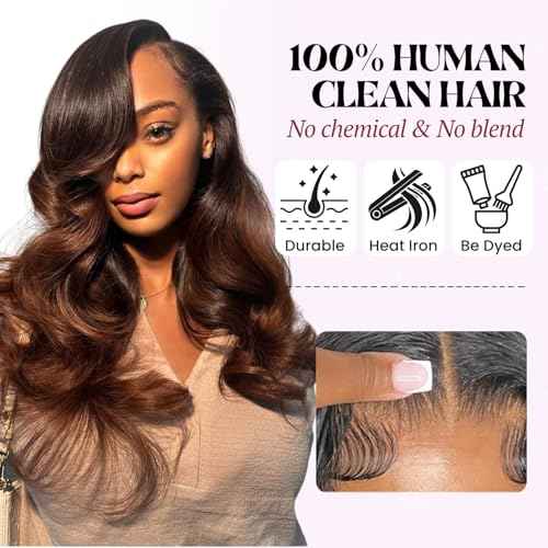 Ombre 13x4 HD Lace Frontal Body Wave (150% Full Denisty, 16 IN) 12A Chestnut Brown 3 Tone Color #T1B/2/30 Ombre Frontal Transparent hd Lace Ear to Ear Natural Hairline Dark Root 100% Remy Hair