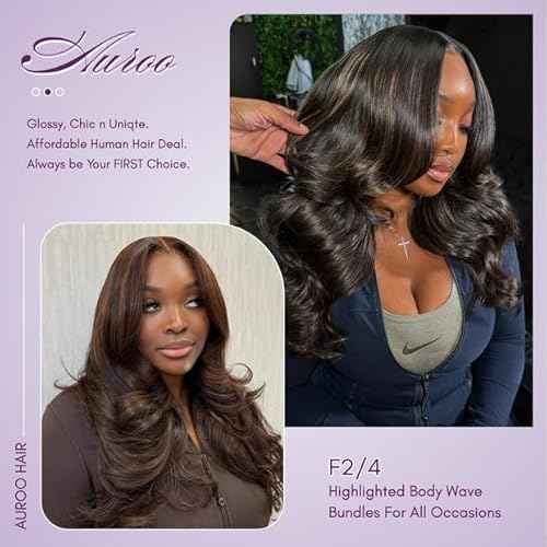 Brown Highlighted Bundles with 2x6 Closure Body Wave Human Hair, 12A Thick #F4/2 Dark Brown with Chestnut Highlight Human Hair Bundles and 2x6 Hd Lace Kim K Closure Long Deep Part 12 14 16+10 In