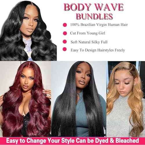 Real Human Hair Bundles Body Wave 16 18 20 Inch with 14 Inch Lace Closure, 3 Bundles Unprocessed Natural Black Remy Brazilian Virgin Cambodian Hair Wavy, 1b, No Tangle No Shedding