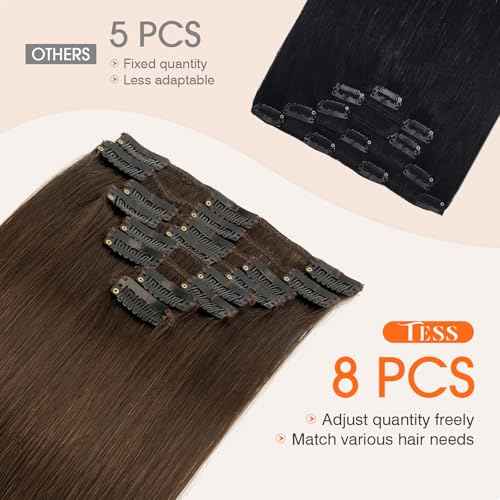 TESS Seamless Clip in Hair Extensions Human Hair Remy Clip ins Natural Soft Straight 8pcs 18Clips, 20 Inch, Dark Brown