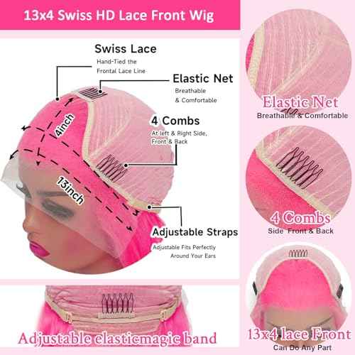 26 Inch Pink Wig Human Hair 13x4 Body Wave HD Lace Front Wigs Human Hair Pre Plucked 200 Density Human Hair Lace Front Wigs Colored Pink Frontal Wigs Human Hair