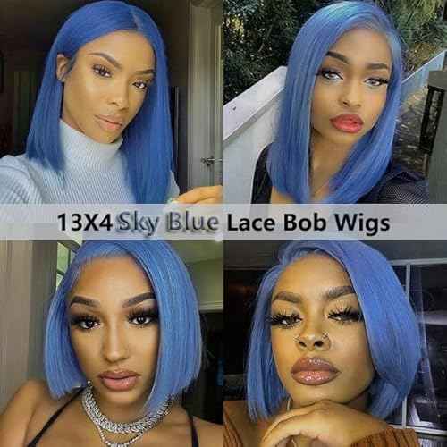 Light Blue Wigs 100% Brazilian Virgin Human Hair,Shiny and Bouncy 10A Grade Bob Wigs,13x4 HD Transparent Straight Lace Front Human Hair Wig 180% Density,Small Knots Easy to Bleach(16Inch,Light Blue)