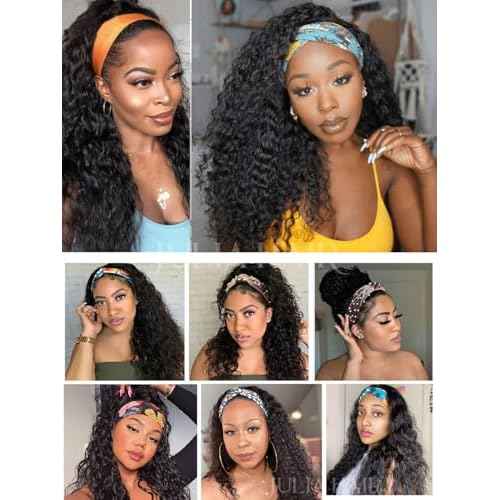Julia Hair 12A Headband Human Hair Wigs Water Wave None Lace Front Glueless Wig With Pre-attached Scarf for Black Women Curly Deep Wave Put and Go Wig Natural Beginner-Friendly 18 Inch