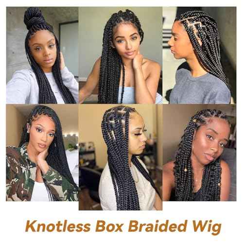 Box Braided Wigs For Women 36"" Full Double Lace Braided Wig With Baby Hair Large Square Knotless Long Braided Wigs Synthetic Handmade Full Lace Braided Wig, Black