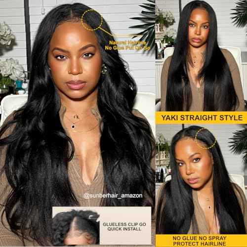 Sunber Yaki Straight V Part Human Hair Glueless Wig Upgrade U Part Wig No Leave Out Vpart light yaki straight Machine Made Clip In Half Wigs No Leave Out Real Scalp V Shape 150% Density 20Inch