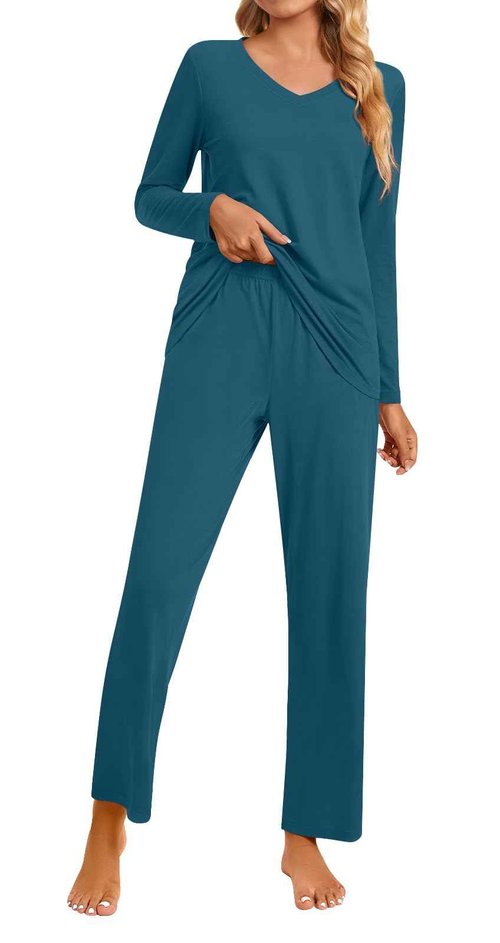 syoss Womens Pajamas Set 2 Piece Fall Long Sleeve Lounge Sleepwear Ladies Pjs Sets with Pockets M, Grayish blue